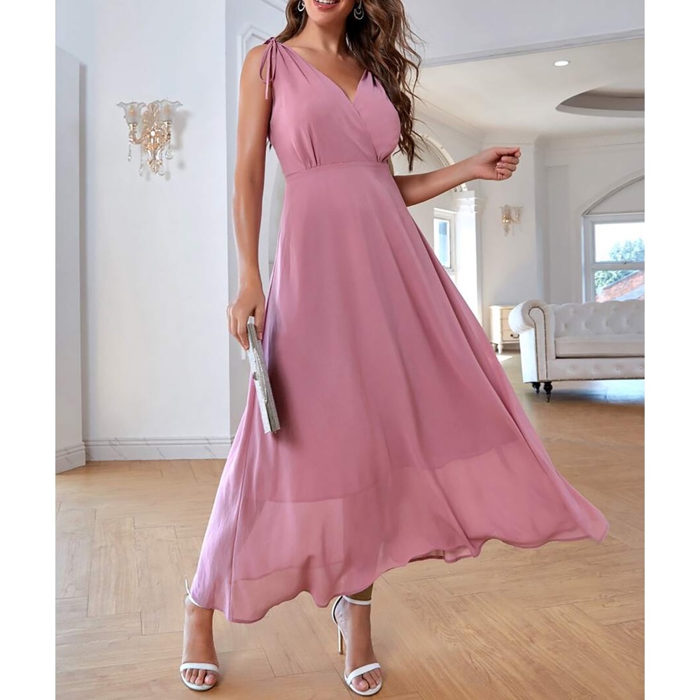 Dusty Pink Lavender Knot Shoulder Surplice Flowy Maxi Dress